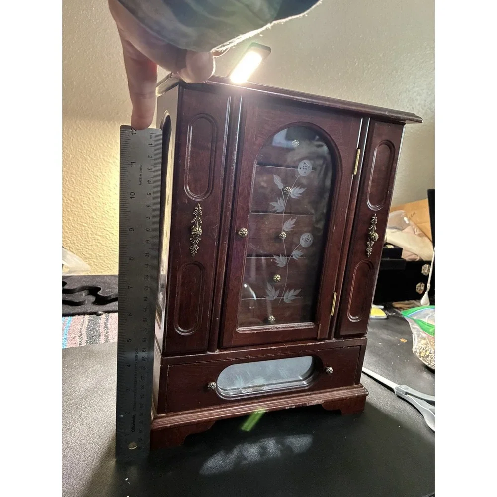 Vintage Wooden Jewelry Armoire Cabinet with‎ Etched Glass